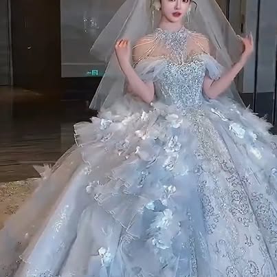 NWT Ball Gown Wedding Dress - Floral Ruffled Illusion Neckline (New)