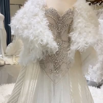 NWT Glamorous Beaded Gown with Feathered Wrap Wedding Dress