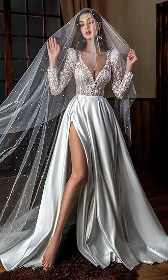Deep V Neck Wedding Dresses for Women Long with Slit Long Sleeve Lace Wedding Gowns for Bride WD-527