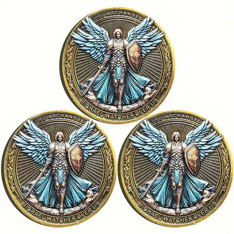 Archangel Michael Challenge Coin Religious Collectible Coin with Protective Case 3pcs