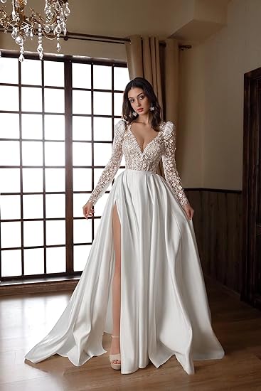 Deep V Neck Wedding Dresses for Women Long with Slit Long Sleeve Lace Wedding Gowns for Bride WD-527