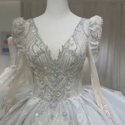 NWT Deep V-Neck Beaded Royal Ball Gown Wedding Dress