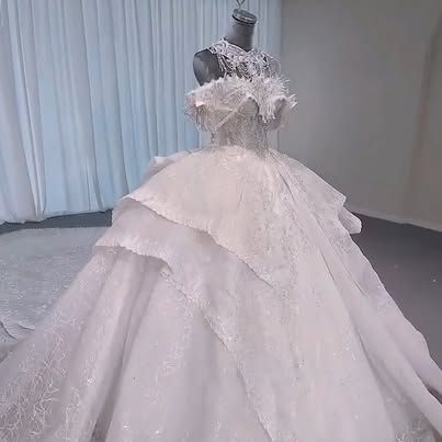 NWT Ball Gown Wedding Dress - Tiered Feathered High Neck (New with Tags)
