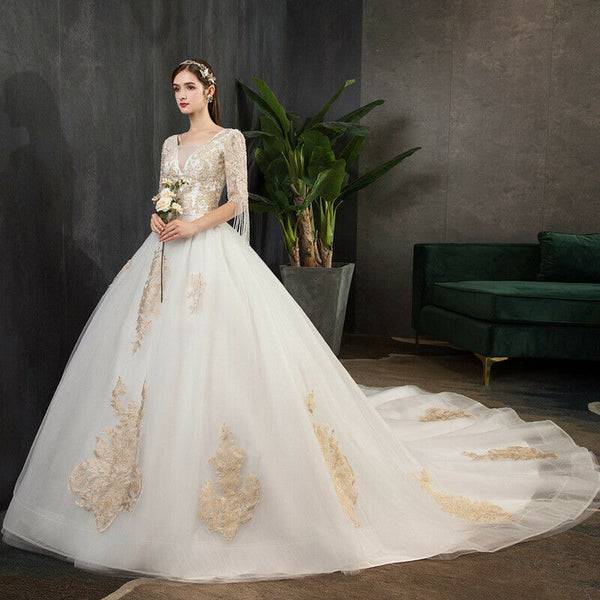 V neck Half Sleeve Beaded Lace Wedding Gown with Long Tail - DressMaid Store