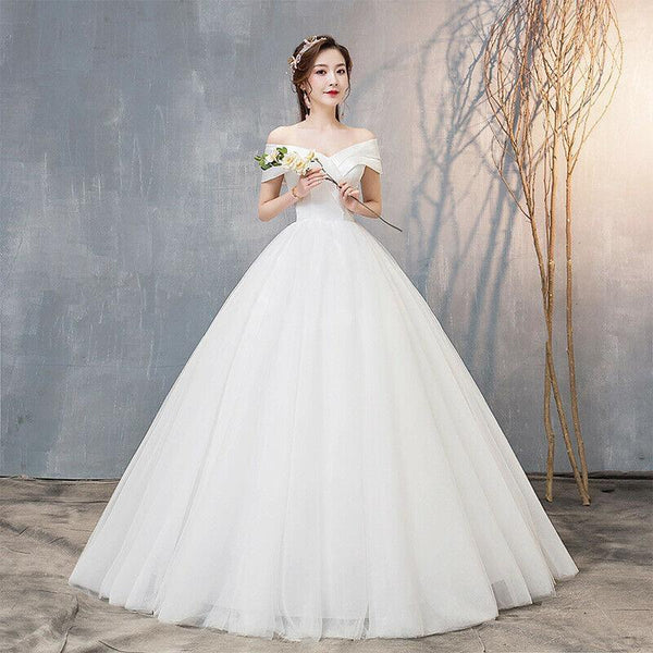 Off The Shoulder Boat Neck Simple Satin Wedding Dress Plus Size Lace Up - DressMaid Store