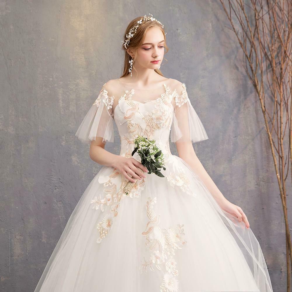 New Trendy Bell Sleeve Simple O-neck Lace Up Back Wedding Gown - DressMaid Store