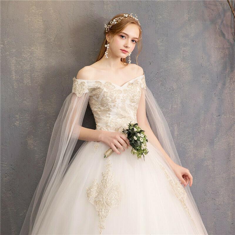 Ball Lace Crystals White Wedding Dress with Cape Sleeve