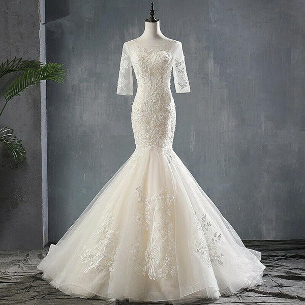 Sexy Half Sleeves Mermaid Wedding Dress Backless Tulle Round Neck Bridal Gown - DressMaid Store