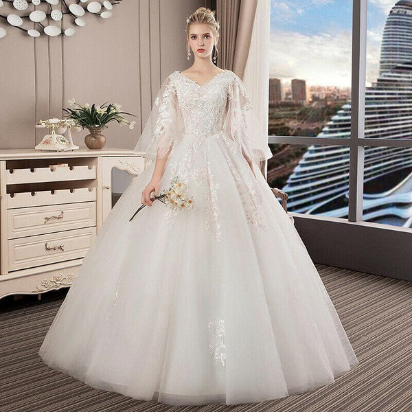 European New Style Lace V Neck Puffy Sleeve Wedding Dress