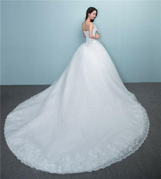 New White Lace Sexy Off Shoulder Wedding Dress with Long Tail - DressMaid Store