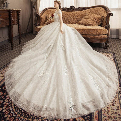 New Hot Plus Size Luxury Ivory Lace Short Sleeve Wedding Dress with long tail - DressMaid Store