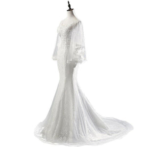 Lace Appliqued Mermaid Fish tail Bat Sleeve Wedding Dress